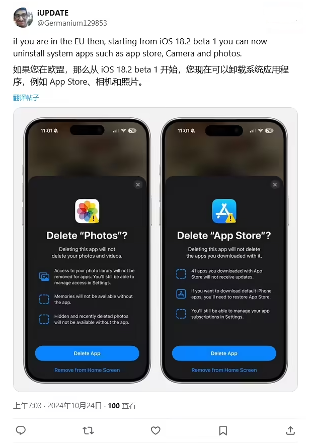 清流苹果手机维修分享iOS 18.2 支持删除 App Store 应用商店 